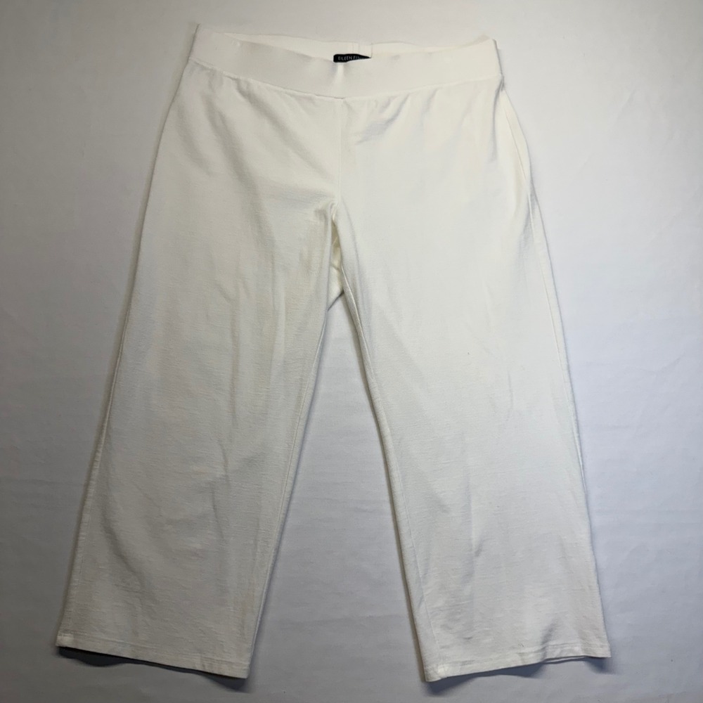 Eileen Fisher Cropped Pants S White Stretch Pull On Straight Leg Womens